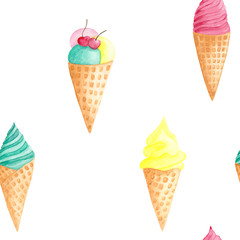 watercolor pattern of pink, turquoise, orange ice cream and fruit ice