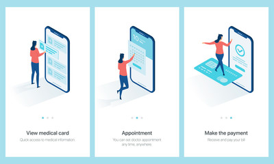 Medical centre concept onboarding. View medical card, set doctor appointment,  make the payment