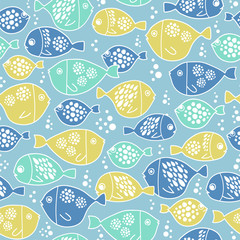 Seamless vector pattern with fishes and bubbles.