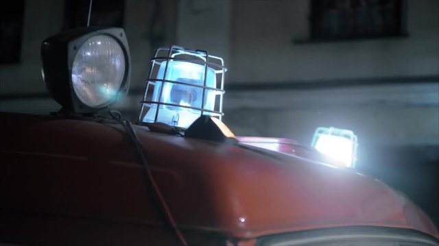Red and blue blinking lights on top of the firetruck