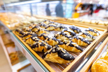 Closeup of fresh bakery products in the shop. Wheat, bake, food.