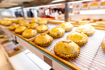 Closeup of fresh bakery products in the shop. Wheat, bake, food.