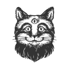 Cat with three eyes sketch engraving vector illustration. Scratch board style imitation. Hand drawn image.