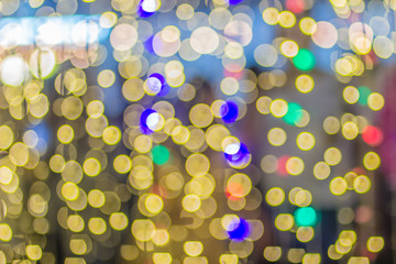 Abstract blurred colorful Christmas tree lighting decoration with bokeh background. Defocused of decorated and illuminated christmas tree for Merry Christmas and new year festival celebration.