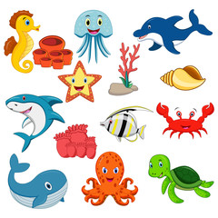 Sea animals cartoon set