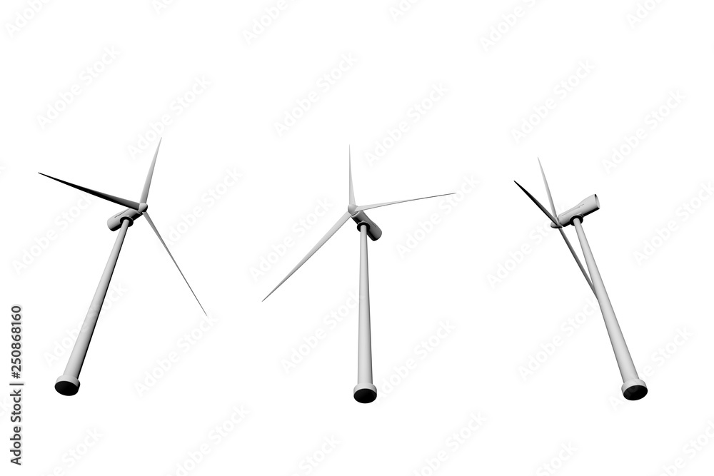 Wall mural wind power industrial illustration of 3 wind turbines view from bottom isolated on white background,