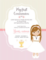 My first communion invitation. Beautiful girl with communion dress and cute frame