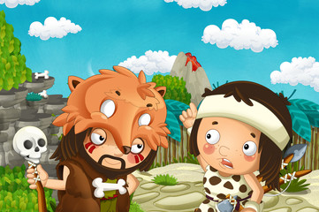 cartoon scene with caveman and brother in the village - illustration for children