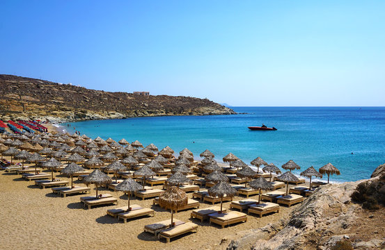 Beautiful panoramic view of Lia beach bay in Mykonos