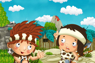 cartoon scene with caveman and brother in the village - illustration for children