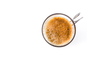 Hot espresso coffee glass isolated on white background. Top view. Copyspace