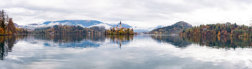 Beautiful autumn landscape around Lake Bled with Pilgrimage Church of the Assumption of Maria