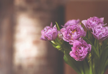 Pink tulips bouquet filtered matte vintage close up, beautiful pink spring flowers delivery for gift, violet purple bunch romantic present from floral shop made by professional florist, copy space