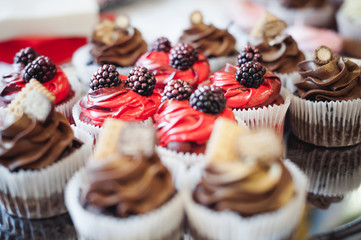 beautiful delicious cakes. confectionery curry at a festive party. many sweet muffins on a tray