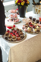 beautiful delicious cakes. confectionery curry at a festive party. many sweet muffins on a tray