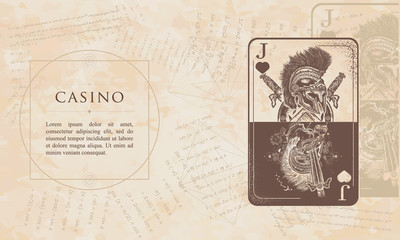 Casino. Joker playing card. Renaissance background. Medieval manuscript, engraving art
