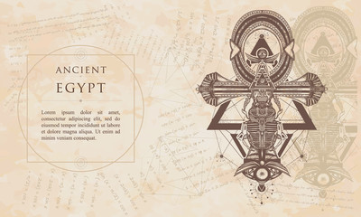 Ancient egypt. Ankh symbol of eternal life. Renaissance background. Medieval engaving manuscript. Vintage paper with drawings, vector