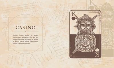 Casino. King playing card. Renaissance background. Medieval manuscript, engraving art