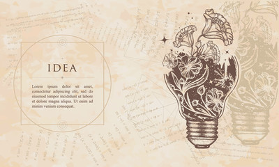 Idea. Light bulb and art nouveau flowers. Renaissance background. Medieval manuscript, engraving art