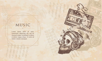 Music. Human skull and old audio cassette. Renaissance background. Medieval manuscript, engraving art
