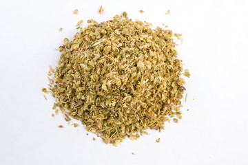 oregano herb heap isolated on white background.top view