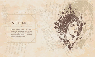 Science. Aphrodite head. Magic woman goddess. Renaissance background. Medieval manuscript, engaving art