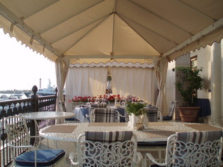 interior of restaurant  view from the restaurant to the sea and yachts