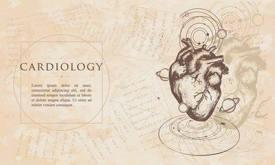 Cardiology. Anatomocal heart in space. Mecical concept. Renaissance background. Medieval manuscript, engraving art