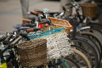 Bicycles parked and locked in different places in the center of the city of Vitoria-Gasteiz (Alava) Basque Country, Spain.