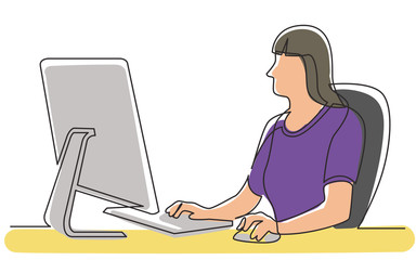 continuous line drawing of office female worker sitting working behind computer display