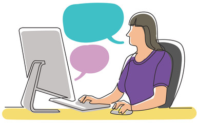 continuous line drawing of office female worker sitting working behind computer display