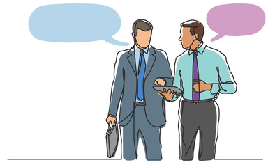 continuous line drawing of two businessmen walking discussing deal