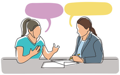 continuous line drawing of two women discussing signing paperworks