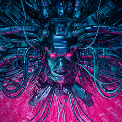 Demon in the machine / 3D illustration of evil science fiction male artificial intelligence hardwired to computer core © grandeduc