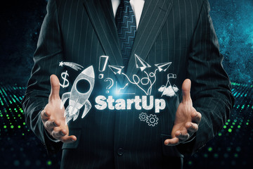 Business scheme concept, startup double exposure background.