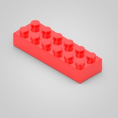 Red toy building block brick for children. 3d render isolated on white background.