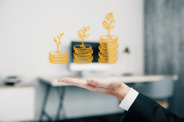 Double exposure with growth coins columns and man hand. Concept of success savings and capital.