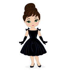 Beautiful retro woman, In little black dress with a gloves.