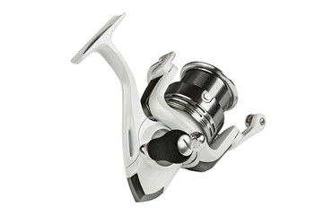 Feeder tackle. White fishing reel isolated white background