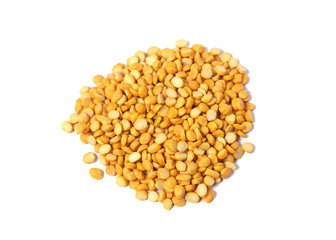 Split Chickpea Also Know as Chana Dal, Dried Chickpea Lentils or Toor Dal, Heap of yellow split chickpeas, Raw lentil, Pakistani/Indian beans isolated on white Background