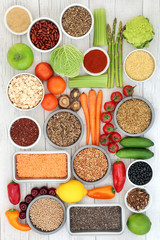 Food to detox the liver concept with fresh fruit, vegetables, legumes, supplement powder, cereals, grains, seeds, herbs & spices. High in omega 3, antioxidants, vitamins & fibre.