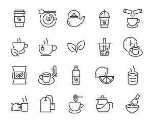 set of tea icons ,such as bubble tea, shake drink, teapot, green tea
