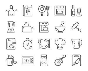 set of kitchen tools icons, such as knife, plate, oven, pan, fork, bowl, mixer