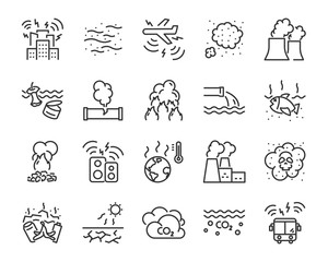 set of air pollution icons, such as, smoke, dust, gas, industry, pm 2.5