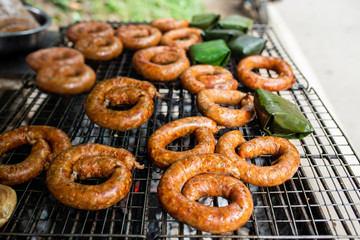 Northern Thai sausage or Chiang Mai sausage "Sai Ua", delicious food in Thailand