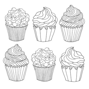 Set of sketch drawn black contour cupcakes, decorated with cream, isolated on white background. Template for coloring or design cards, greetings.