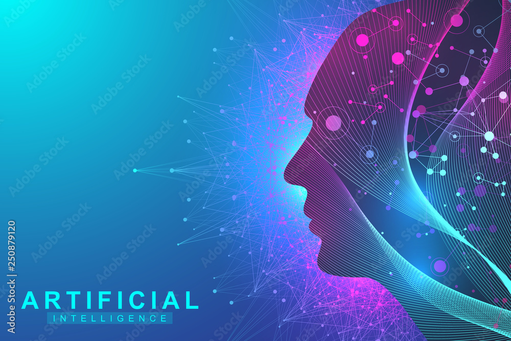 Poster Futuristic Artificial Intelligence and Machine Learning Concept.. Human Big Data Visualization. Wave Flow Communication, Scientific vector illustration.