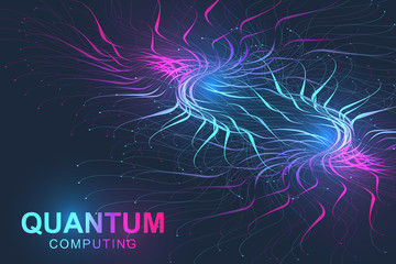 Quantum computer technology concept. Deep learning artificial intelligence. Big data algorithms visualization for business, science, technology. Waves flow. Vector illustration