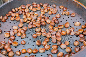 Close up shot of grilling chestnut in a pan