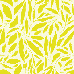 Vibrant lime green hand drawn leaves on neutral cream background. Seamless vector design with a fresh organic feel. Great for wellbeing, spa, beauty products, packaging, giftwrap,fabric, stationery